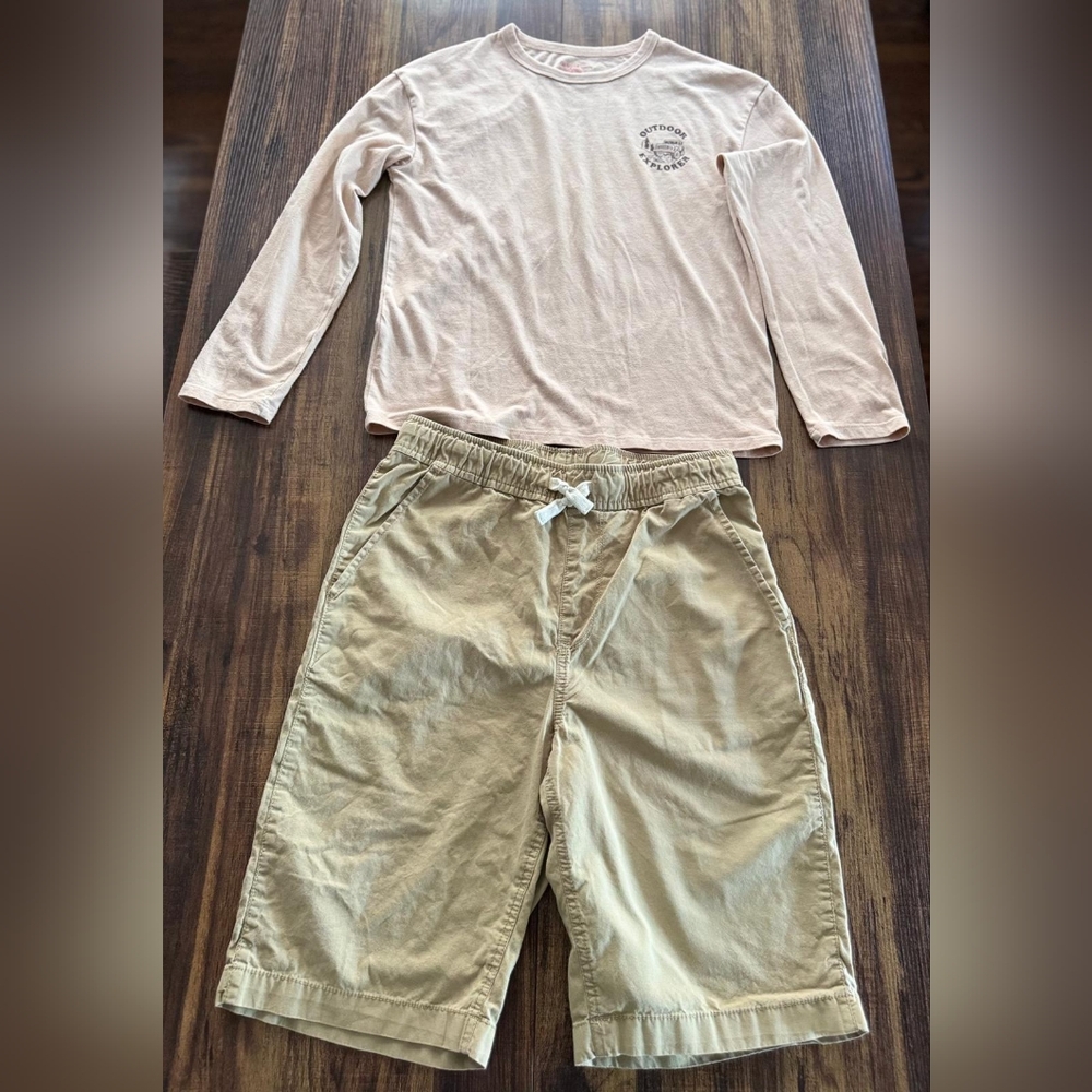 Casual Beige Long Sleeve Shirt and Shorts Set